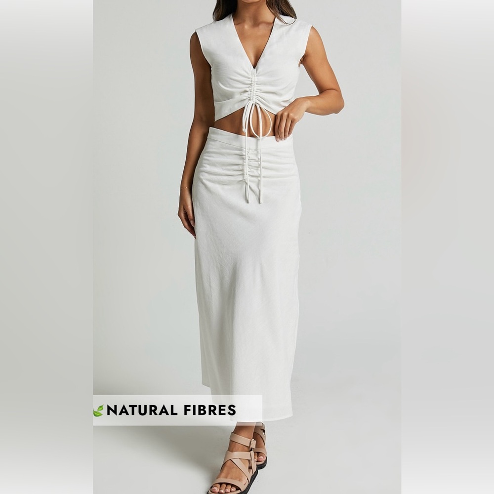 Showpo Devan Ruched Crop Top and Midi A Line Skirt Set - White - Size 4